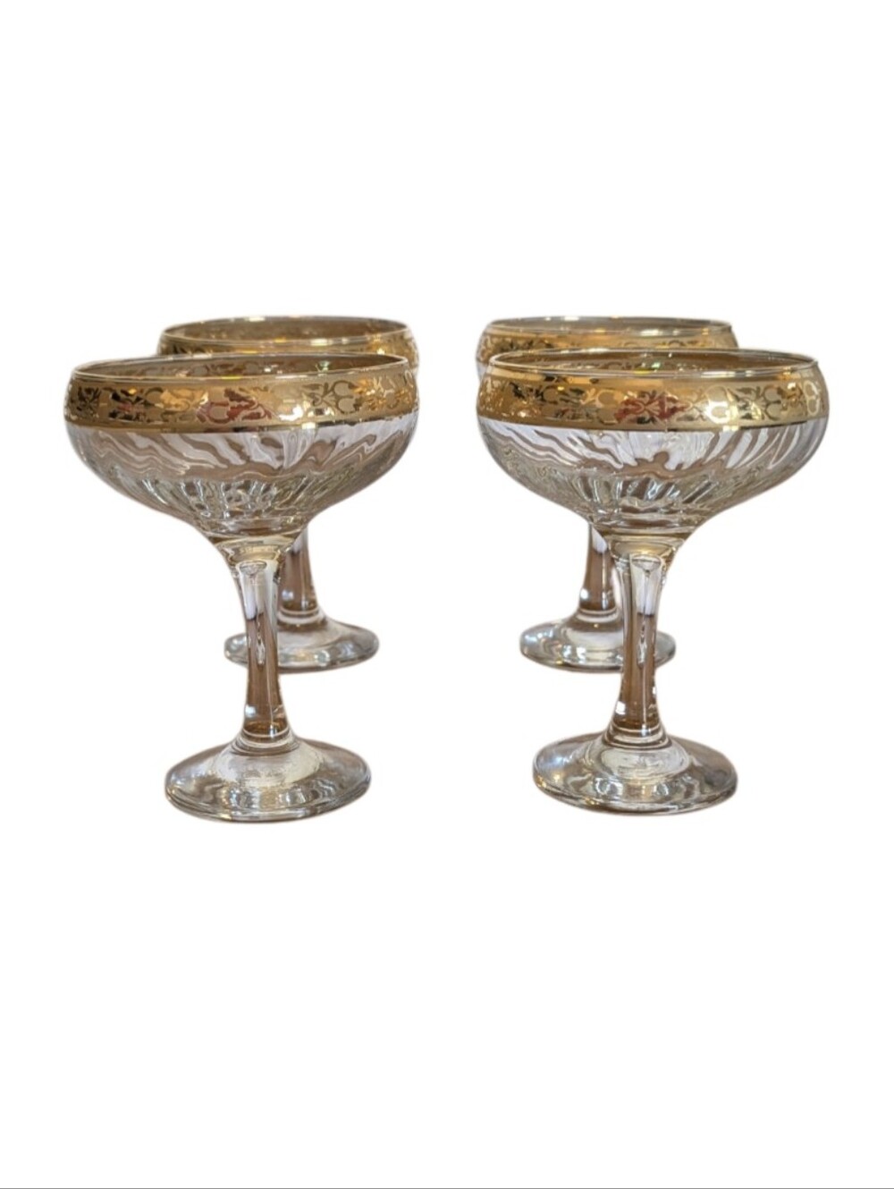 Vtg Italian Crystal Champagne Coupes with 24K gold-plated or gilt rims.